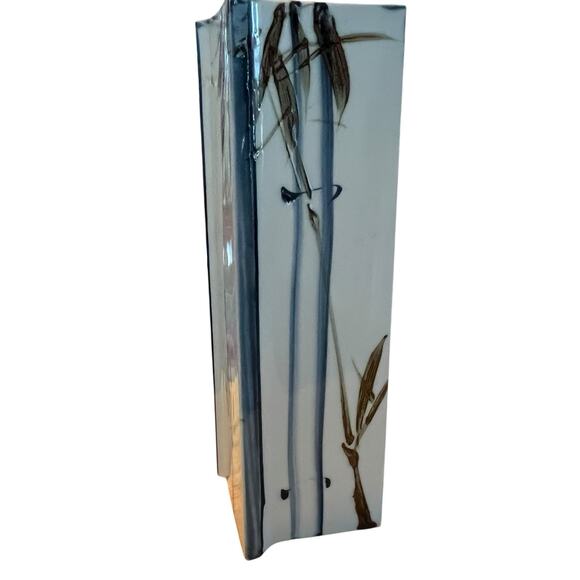 Zen Vase TOYO Japanese Handpainted Bamboo Pattern Ceramic MCM Retro Chic Square - Picture 3 of 11